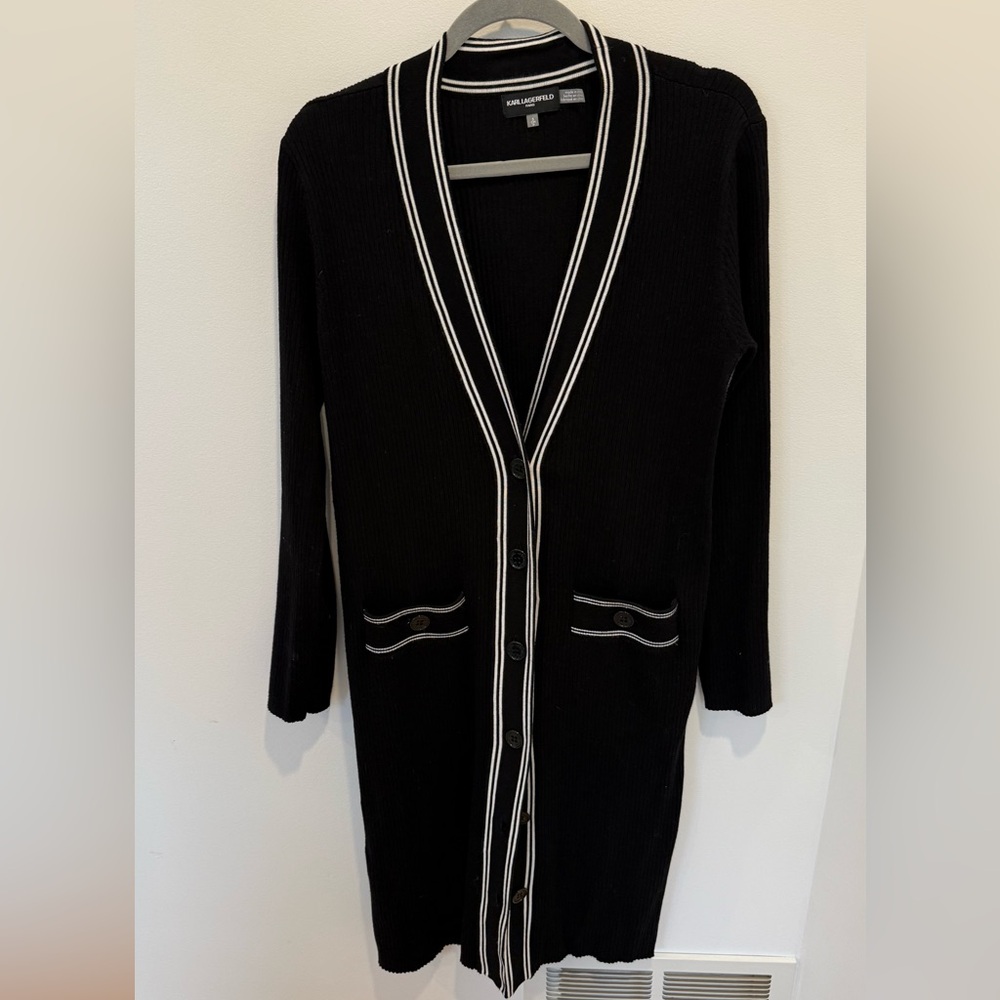 Karl Lagerfeld Logo Long Black Cardigan with White Accents